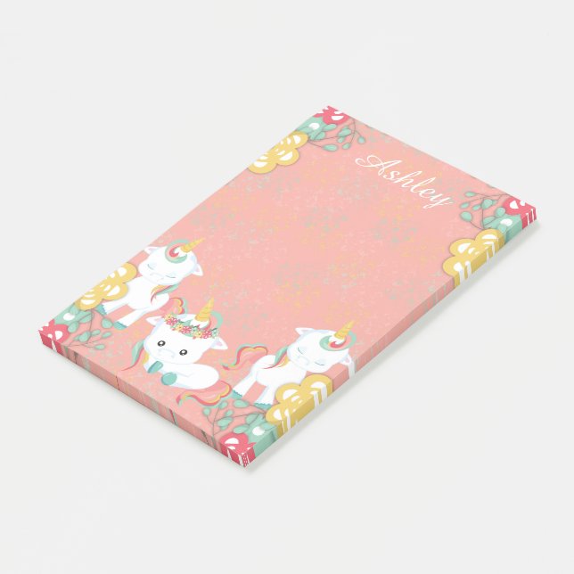 Cute Unicorns and Floral Personlized Post-it Notes (Angled)