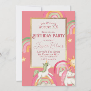 Cute Unicorns and Rainbows on Pink Invitation