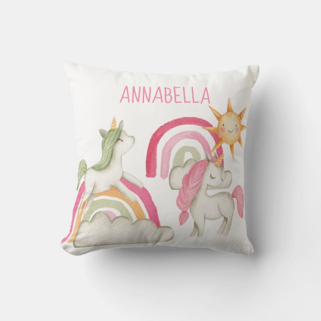 Cute Unicorns and Rainbows with Your Custom Name Cushion (Front)