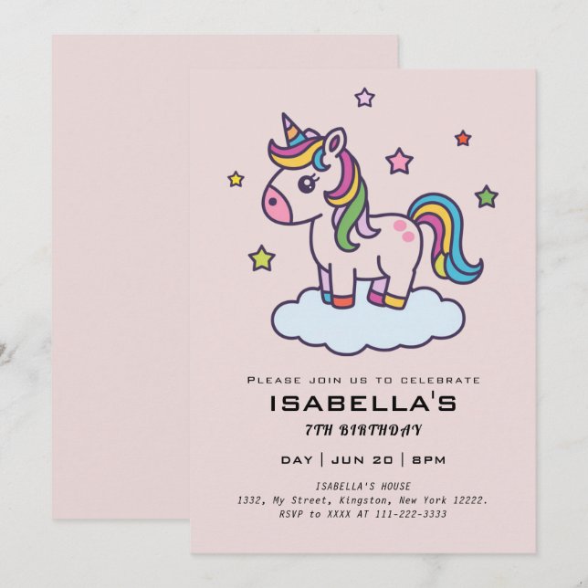Cute Unicorns   Birthday Party Invitation  (Front/Back)