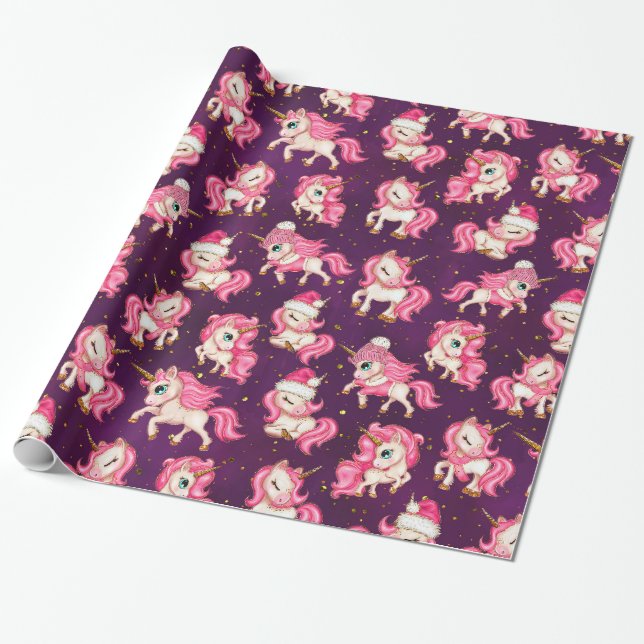 Cute Unicorns Christmas Wrapping Paper (Unrolled)