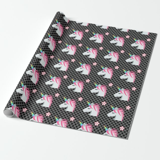 Cute Unicorns Flower Emoji Polka Dots Pattern Wrapping Paper (Unrolled)