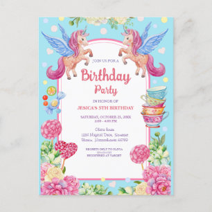 Cute Unicorns Flowers Watercolor Birthday Invitati Postcard