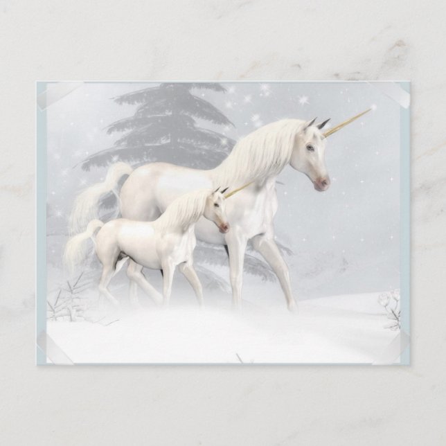 Cute Unicorns In Snow 1 Postcard (Front)