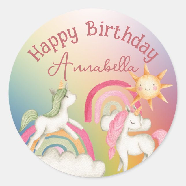 Cute Unicorns on a Rainbow Classic Round Sticker (Front)