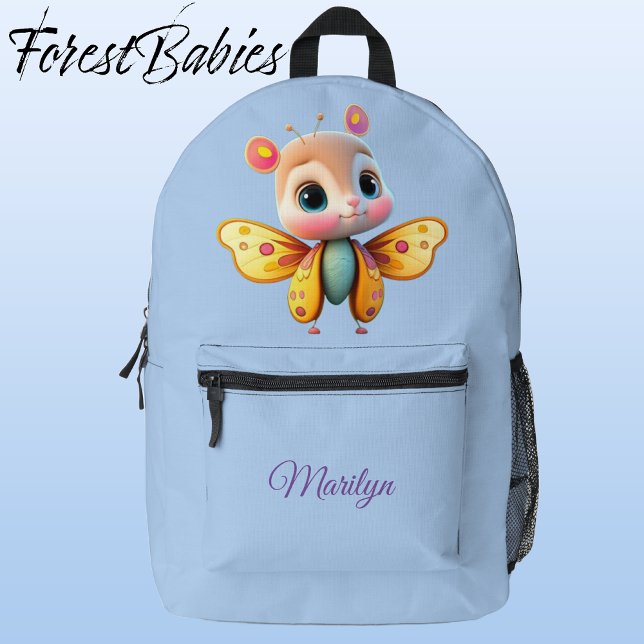Cute Unique Confident Girl Butterfly Graphic Printed Backpack (Butterfly, Blue Customizable ForestBabies Backpack - Front)