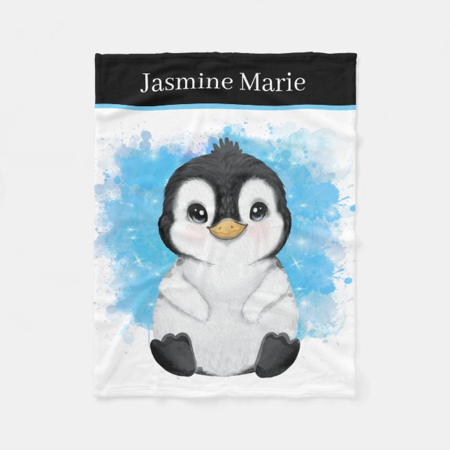 cute unisex baby penguin add name fleece blanket (Front)