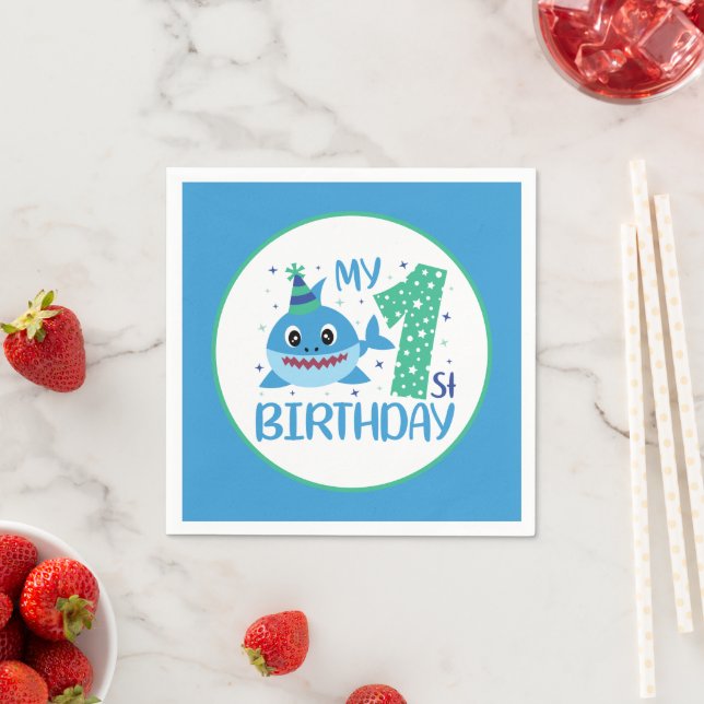 cute unisex baby shark First Birthday  Napkin (Insitu)