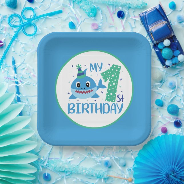 cute unisex baby shark First Birthday  Paper Plate (Party)