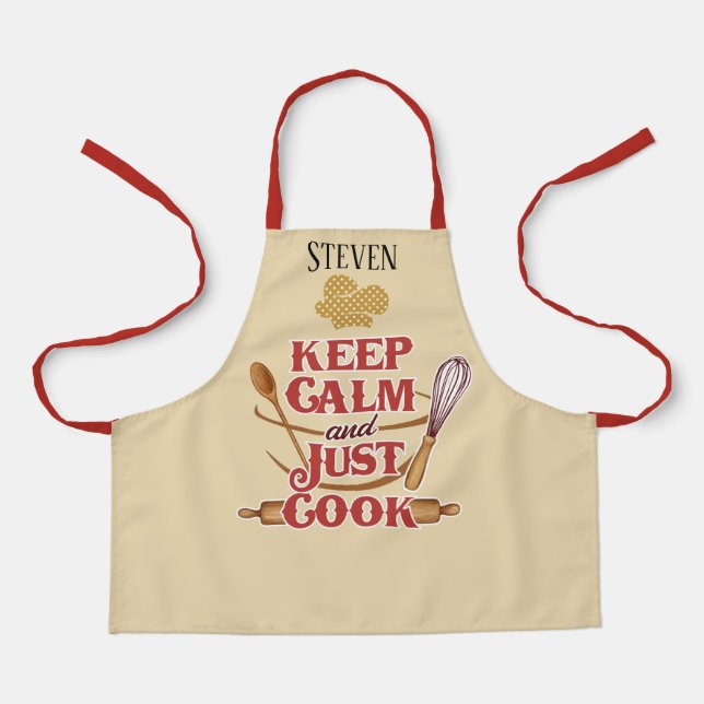 Cute unisex keep calm cook add name kids apron (Front)