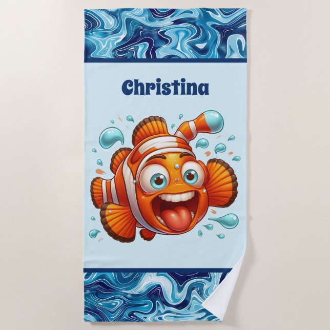 Cute unisex kids ocean fish add name beach towel (Front)