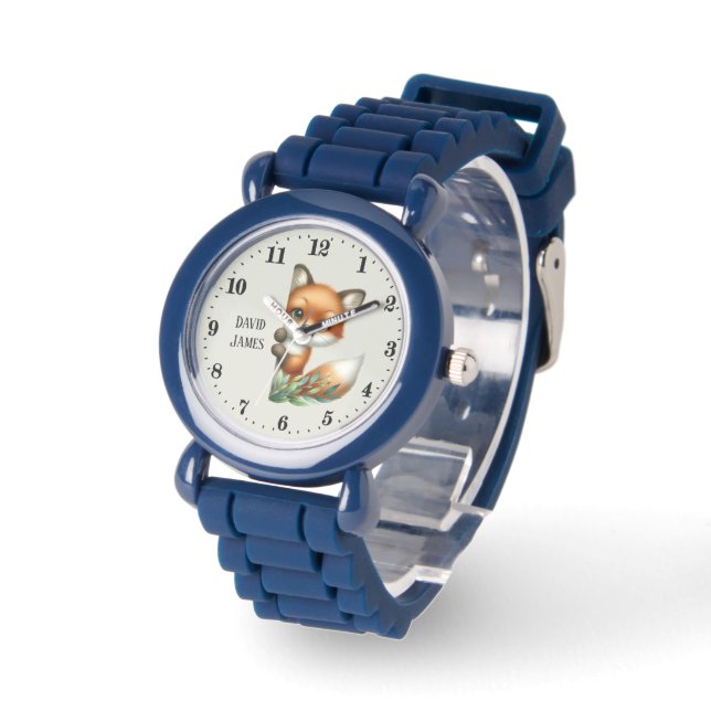 Cute unisex kids peeking fox add name watch (Angle)