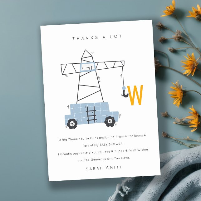 Cute Urban Construction Crane Boy's Baby Shower Thank You Card (Creator Uploaded)