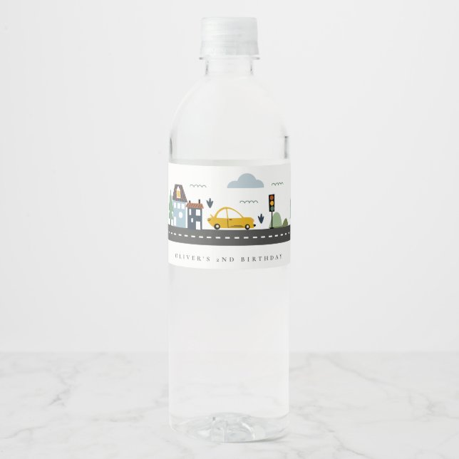 Cute Urban Vehicle Cars Road Any Age Birthday Water Bottle Label (Front)