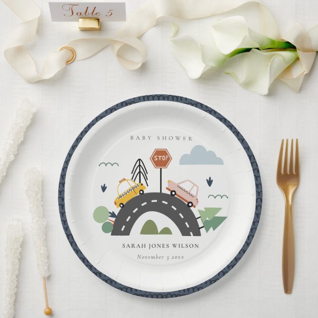 Cute Urban Vehicle Cars Road Cityscape Baby Shower Paper Plate (Wedding)