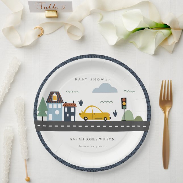 Cute Urban Vehicle Cars Road Cityscape Baby Shower Paper Plate (Wedding)