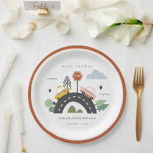 Cute Urban Vehicle Cars Road Cityscape Baby Shower Paper Plate