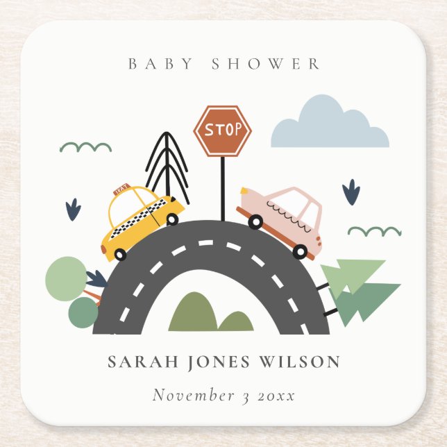 Cute Urban Vehicle Cars Road Cityscape Baby Shower Square Paper Coaster (Front)