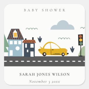Cute Urban Vehicle Cars Road Cityscape Baby Shower Square Sticker