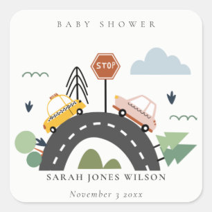 Cute Urban Vehicle Cars Road Cityscape Baby Shower Square Sticker