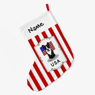 Cute USA American Flag Boston Terrier Dog (black) Large Christmas Stocking