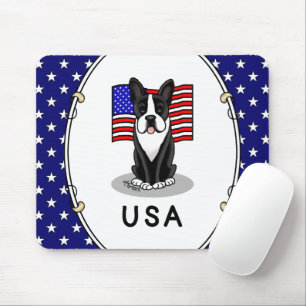 Cute USA American Flag Boston Terrier Dog (black) Mouse Mat