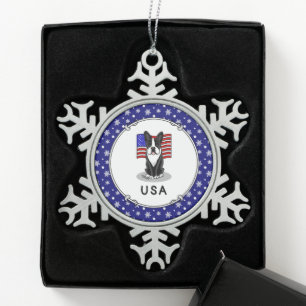Cute USA American Flag Boston Terrier Dog (black) Snowflake Pewter Christmas Ornament