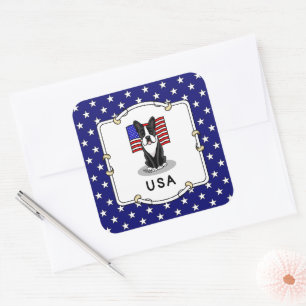 Cute USA American Flag Boston Terrier Dog (black) Square Sticker