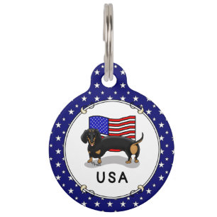 Cute USA American Flag Dachshund - (black & tan) Pet Tag