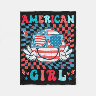 Cute Usa Flag Face American Chequered Girl July 4t Fleece Blanket