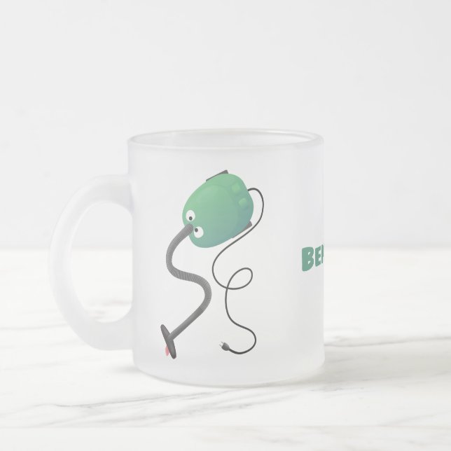 Cute vacuum cleaner cartoon humour frosted glass coffee mug (Left)