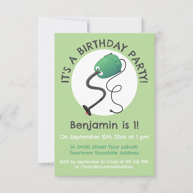 Cute vacuum cleaner cartoon humour invitation (Front)