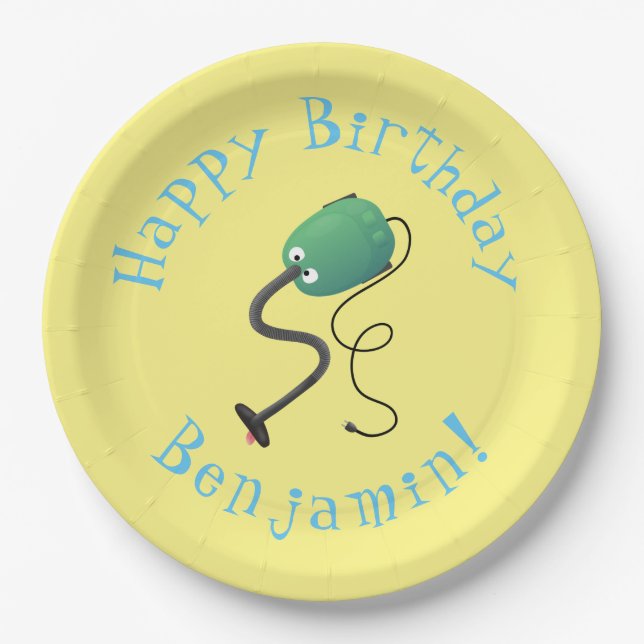 Cute vacuum cleaner cartoon humour paper plate (Front)