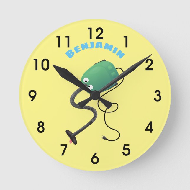 Cute vacuum cleaner cartoon humour round clock (Front)