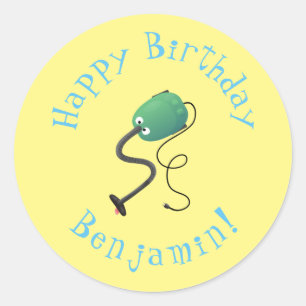 Cute vacuum cleaner personalised birthday cartoon  classic round sticker