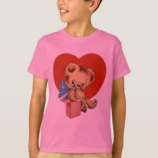 Cute Valentine Bear on pink flowered background T-Shirt