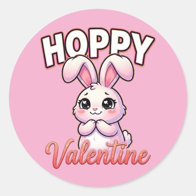 Cute Valentine Bunny – Hoppy Valentine Classic Round Sticker (Front)