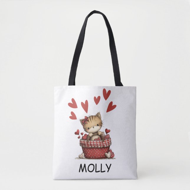 Cute Valentine Cat with Hearts Personalized Tote Bag (Front)