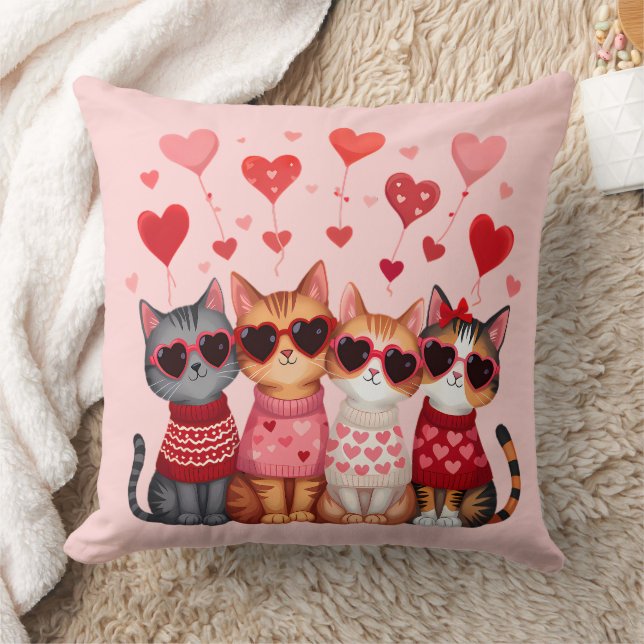Cute Valentine Cats in Heart Sunglasses Cushion (Blanket)