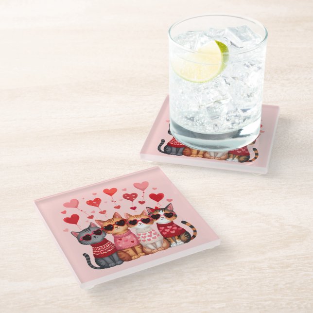 Cute Valentine Cats in Heart Sunglasses Glass Coaster (Angled)