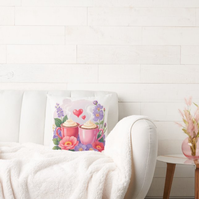 Cute Valentine Cocoa Mugs with Flowers & Hearts Cushion (Couch)
