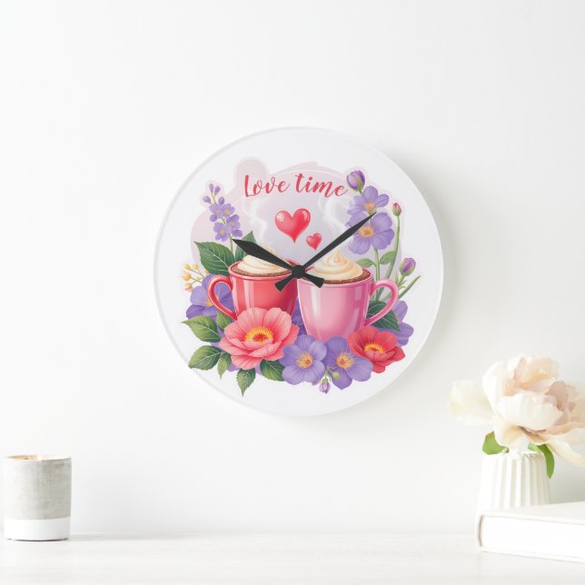 Cute Valentine Cocoa Mugs with Flowers & Hearts Large Clock (Home)