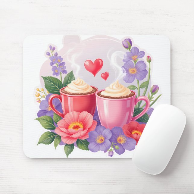 Cute Valentine Cocoa Mugs with Flowers & Hearts Mouse Mat (With Mouse)