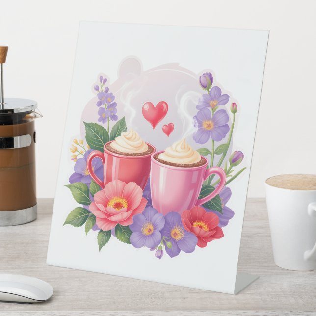 Cute Valentine Cocoa Mugs with Flowers & Hearts Pedestal Sign (In SItu)