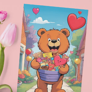 Cute Valentine Day Teddy Bear Holding Heart Candy Poster