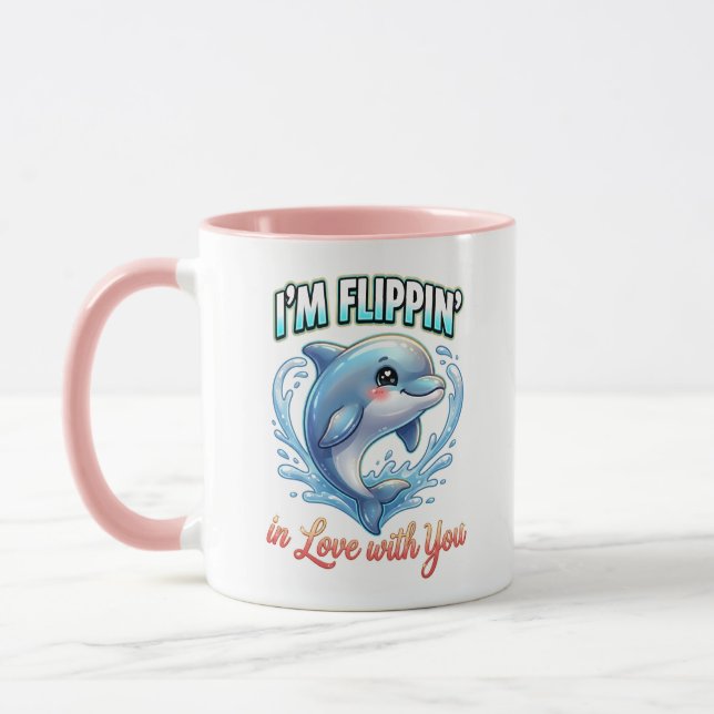 Cute Valentine Dolphin – I’m Flippin’ in Love Mug (Left)