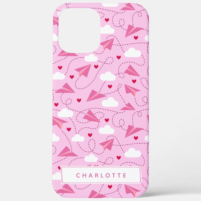 Cute Valentine Flying Aeroplane Pink Hearts Name Case-Mate iPhone Case (Back)