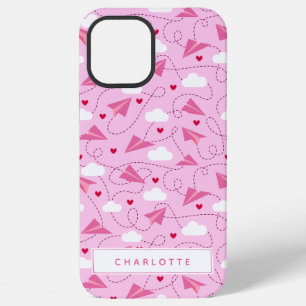 Cute Valentine Flying Aeroplane Pink Hearts Name iPhone 12 Pro Max Case