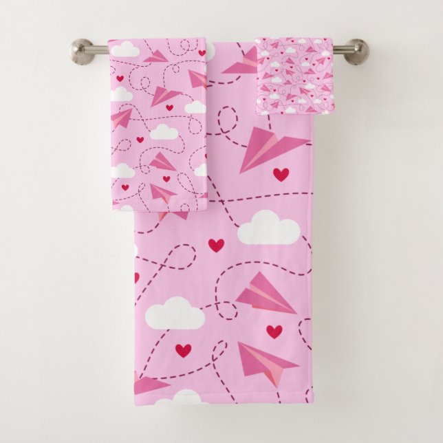 Cute Valentine Flying Aeroplane Red Pink Hearts Bath Towel Set (Insitu)
