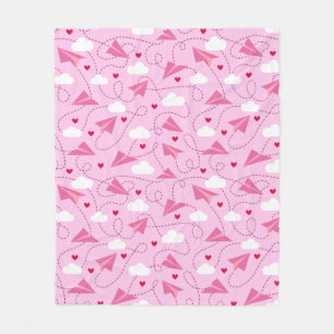 Cute Valentine Flying Aeroplane Red Pink Hearts Fleece Blanket